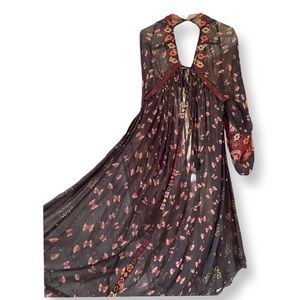 Free people maxi dress long sleeves brown, embroidered, flowy, sheer, si…